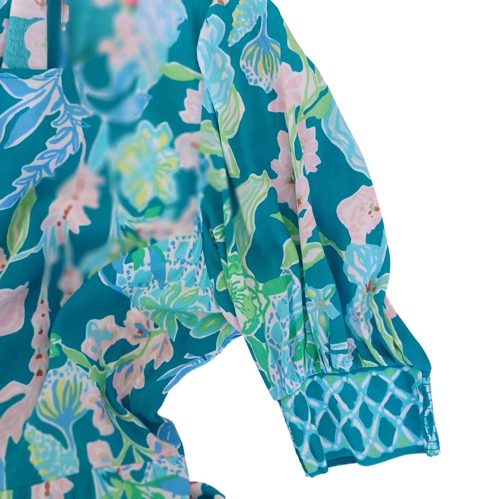 Lilly Pulitzer Teal Floral Tiered Maxi Dress Puff Sleeve Smocked Cuff Size 10 - Picture 9 of 11